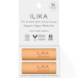 ILIKA Lip balm Organic, Vegan, Plastic-free, 100% Plant-based, 2X Volume, COSMOS Certified Organic, PETA Certified Vegan & Cruelty-Free, 2 Pack, Orange Tangerine