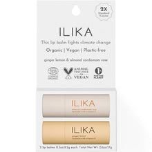 Load image into Gallery viewer, ILIKA Lip balm, Organic, 100% Plant-based, Natural Lip Treatment, COSMOS Certified Organic, PETA Certified Vegan &amp; Cruelty-Free 2 Pack, Ginger Lemon &amp; Almond Cardamom Rose