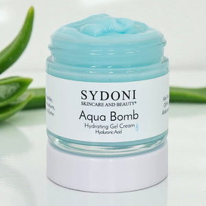Sydoni Aqua Bomb hydrating gel cream jar with aloe vera leaves on a white background