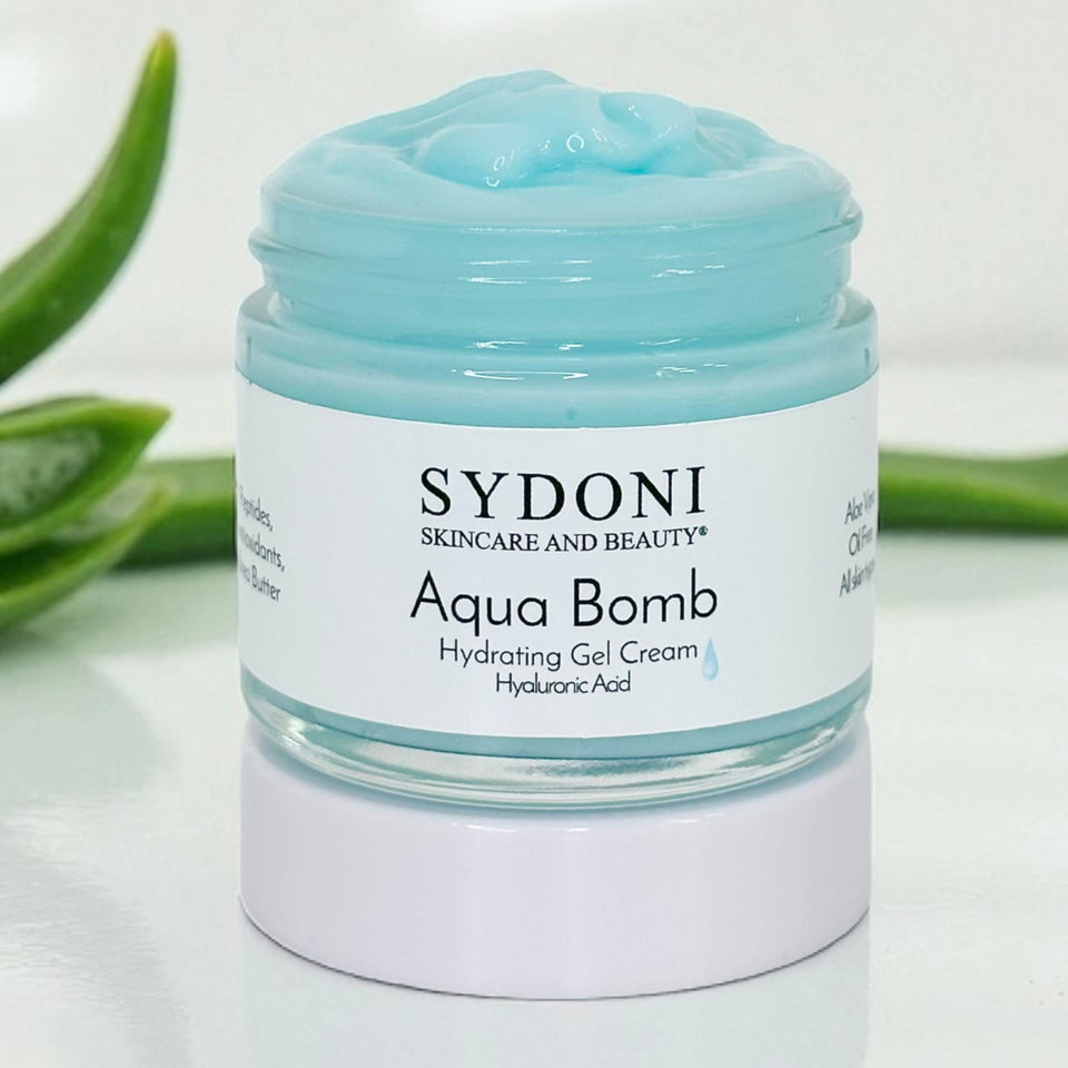 Sydoni Aqua Bomb hydrating gel cream jar with aloe vera leaves on a white background