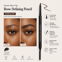 Load image into Gallery viewer, Sydoni Micro-Tip Brow Defining Pencil with before and after effects on eyebrows, product details, and branding.
