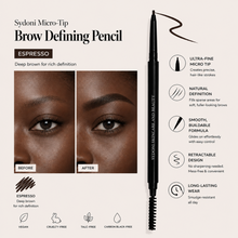 Load image into Gallery viewer, Sydoni Micro-Tip Brow Defining Pencil advertisement with before and after images of eyebrows, product details, and features.