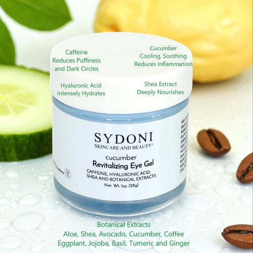 REVITALIZING EYE GEL w CAFFEINE, HYALURONIC ACID AND SHEA EXTRACT Net. Wt. 1oz.