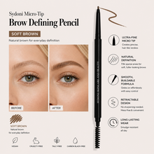 Load image into Gallery viewer, Sydoni Micro-Tip Brow Defining Pencil advertisement with before and after effects on eyebrows.
