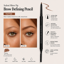 Load image into Gallery viewer, Sydoni Micro-Tip Brow Defining Pencil with before and after effects on eyebrows, product details, and brand name.